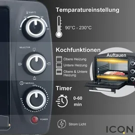 ICQN Minibackofen 15 Liter, 1200W, 60 min-Timer, 3 Kochfuntionen, 90°-230°C, Kleiner Camping Ofen, Anthrazit,