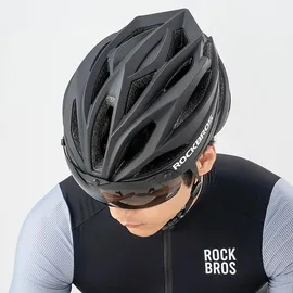 ROCKBROS Fahrradhelm mit Visier und abnehmbarer UV-Schutzbrille, Unisex, schwarz