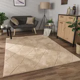 Paco Home Teppich Wohnzimmer Schlafzimmer Kurzflor Boho Skandi Raute 3d Grau Anthrazit, 80x150 cm, Beige 2