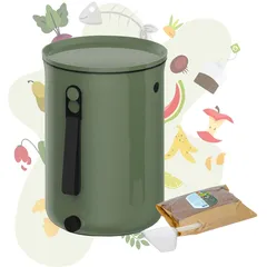 Bokashi Set mit formschönem Bokashi Eimer olivgrün, Bokashi Ferment