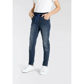 Schlupfjeans KANGAROOS "Stretch-Jeans mit schmalem Bein für Jungen" Gr. 146, N-Gr, blau (blau stone), Jungen, Denim/Jeans, Obermaterial: 75% Baumwolle, 24% Polyester, 1% Elasthan, Jeans, schmale Beinform, Used-Waschung, komfortable Leibhöhe