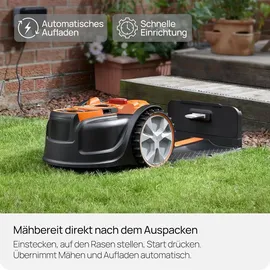 LAWNMASTER Roboter-Rasenmäher mit Kamera-Navigation, App und Ladestation. Auto-Charge. Ohne Begrenzungskabel. LCD-Steuerung. Drop & Mow für mehrere Rasenflächen. Für Rasenflächen bis 500 m2