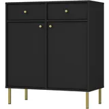 Selsey Kommode Schwarz-Graphit mit Schubladen – Oktio Möbelkollektion – 2 Türen, 2 Schubladen – Goldene Metallfüße – Laminierte Spanplatte – Höhe 95 cm – Robuste Bauweise, Selbstmontage.