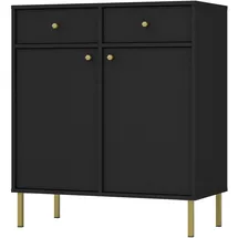 Selsey Kommode Schwarz-Graphit mit Schubladen – Oktio Möbelkollektion – 2 Türen, 2 Schubladen – Goldene Metallfüße – Laminierte Spanplatte – Höhe 95 cm – Robuste Bauweise, Selbstmontage.