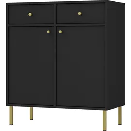 Selsey Kommode Schwarz-Graphit mit Schubladen – Oktio Möbelkollektion – 2 Türen, 2 Schubladen – Goldene Metallfüße – Laminierte Spanplatte – Höhe 95 cm – Robuste Bauweise, Selbstmontage.