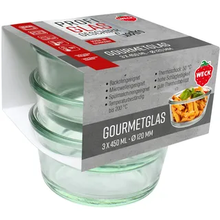 Weck 3er Set Gastropack 450 ml Gourmetgläser (perfekte Kreationen, Backofengeeignet, Spülmaschinengeeignet, Stabilität, Delikatessengläser, ohne Deckel) 7612