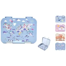 jenard Brotdose für Kinder mit Fächern, Bento Box, Lunch Box, Vesper Box, auslaufsicher, spülmaschinenfest, kindgerecht und BPA-Frei, Blau/Weltkarte mit Tiere