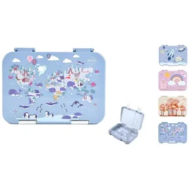 jenard Brotdose für Kinder mit Fächern, Bento Box, Lunch Box, Vesper Box, auslaufsicher, spülmaschinenfest, kindgerecht und BPA-Frei, Blau/Weltkarte mit Tiere