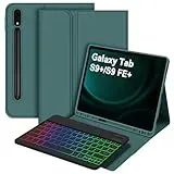 Bettdow für Samsung Galaxy Tab S10+/S10 Plus Tastatur Hülle, QWERTZ Layout Abnehmbarer Beleuchtete Tastatur mit Hülle für Tab S10+/S9+/S9 Plus/S9 FE+/S9 FE Plus 12.4 Zoll, Dunkelgrün