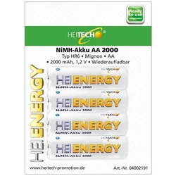 AA Mignon NiMH Akkus 4er Pack Batterien 2000 mAh wiederaufladbar Heitech