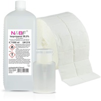 NAILS FACTORY | N&BF Nagel Cleaner Set 1000ml | Dispenser Pumpflasche | 1000 Zelletten Cellulose Pads (2 Rollen à 500 Stück) - 99% Isopropanol-Alkohol isopropylalkohol 1L – für Gelnägel – (Weiß 150ml)