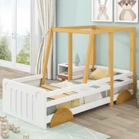 Kinderbett Massivholz Weiß/natur 90x200 Cm, Autobett Mit Mdf-rädern Und Vierseitigen Schutzzäunen