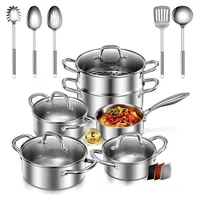 15-teiliges Topfset aus dreilagigem Stahl, Edelstahl Kochtopfset induktionsgeeignet für alle Herdarten, mit Dampfgarer und 5-teiligem Löffelzubeh...