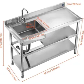 Vevor Spültisch Spülbecken Edelstahl (120 x 50 x 94 cm), Einzelbecken mit Wasserhahn & 2 Ablagefächern, Küchenspüle für Garage Restaurant, Waschtisch Außenspüle mit Arbeitsplatte (recht)