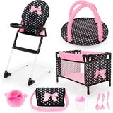Bayer Puppenmöbel »Puppen-Reisebett und Hochstuhl schwarz«, (Set), mit Hochstuhl, Spielbogen und Zubehör für die Puppenpflege, pink