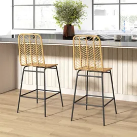 Homcom Barhocker 2er Set, Barstuhl mit Rattenoptik, Tresenhocker mit Rückenlehne, Küchenstühle integrierter Fußstütze, für Küche, Wohnzimmer, Esszimmer, Boho-Stil, Gelb