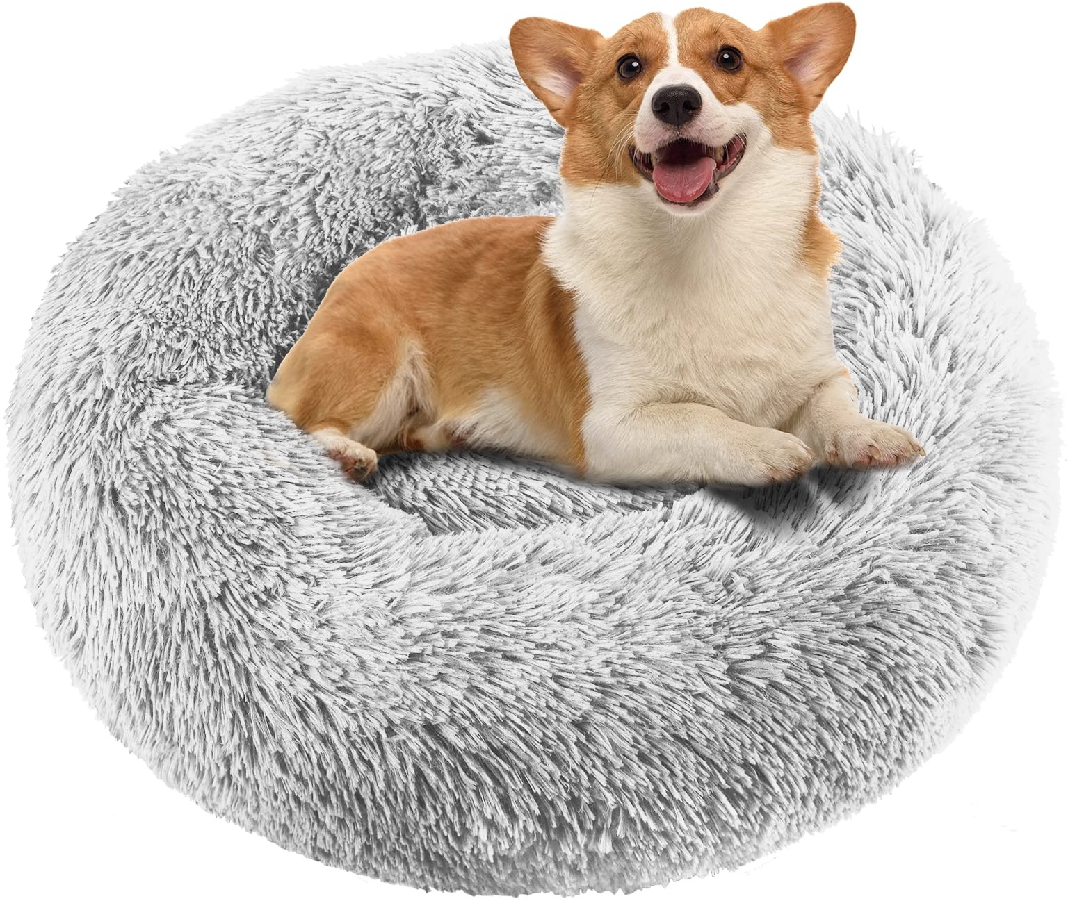 Plush Donut Dog Bed, Calming Cuddler Round Pet Bed, Faux Fur Flauschige Medium Sleeping Mat for Cat Dog Kitten Puppy, Soft and Comfortable Pet Cushion Machine Washable (M, Light Grey)