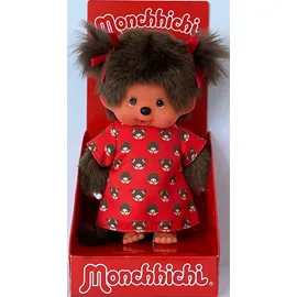 Magni Monchhichi Mädchen, mit Monchichikleid und Schleifen, ca. 20 cm großes Kuscheltier aus braunem Plüsch