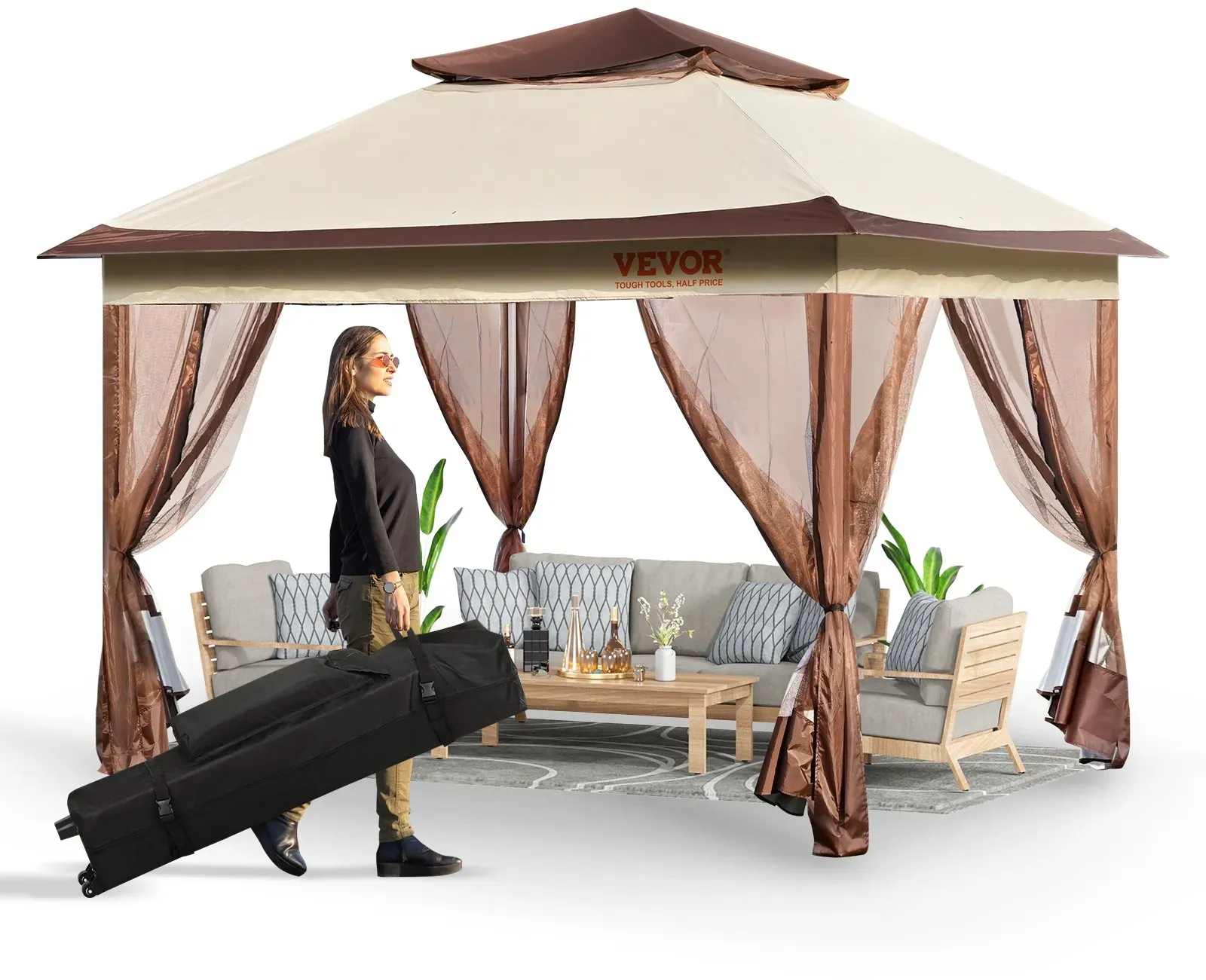 VEVOR Pavillon 334x334x281cm Gartenzelt PU-beschichtetes 250D-Oxford-Gewebe Faltpavillon inkl. Aufbewahrungstasche Partyzelt 8-10 Personen Pop up Zelt Faltzelt Gartenpavillon ideal für Campingausflug