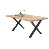 Massivart® Baumkantentisch Esstisch TELMA Baumkantenoptik / 200 x 100 cm / Massivholz Eiche geölt, 60 mm Tischplattenstärke / X-Gestell Metall schwarz / Industrial Look beige