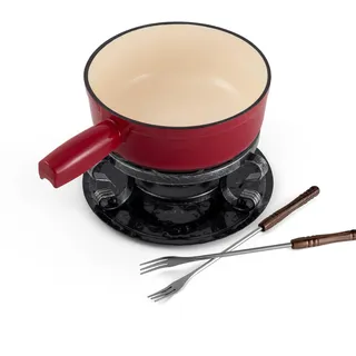 Swissmar KF-66517 Lugano Fondue Set 9-teiliges, Gusseisen/Edelstahl, Kirschrot, 2L, Fondue-Set für Fleisch, Käse und Schokolade, für 4 Personen, Geschenkset