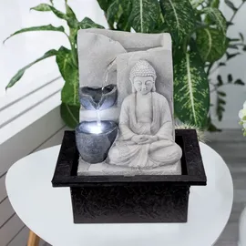 GLOBO Tischbrunnen mit Pumpe Springbrunnen mit Led Beleuchtung Buddha Design Zimmerbrunnen grau Dekoration, Lxbxh 21x18,5x25,5 cm