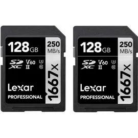 Lexar Professional 1667x SD Karte 128GB 2er-Pack, Speicherkarte SDXC UHS-II, Bis zu 250 MB/s Lesen, Class 10, U3, V60, SD für Professionelle Fotografen, Videofilmer, Enthusiasten (LSD1667128G-B2NAA)