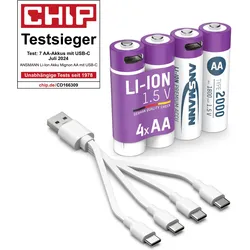 Akku Mignon AA Typ-C Anschluss Li-Ion 1800mAh 1.5V. 4 Stück. wiederaufladbar ultraweiß No Size