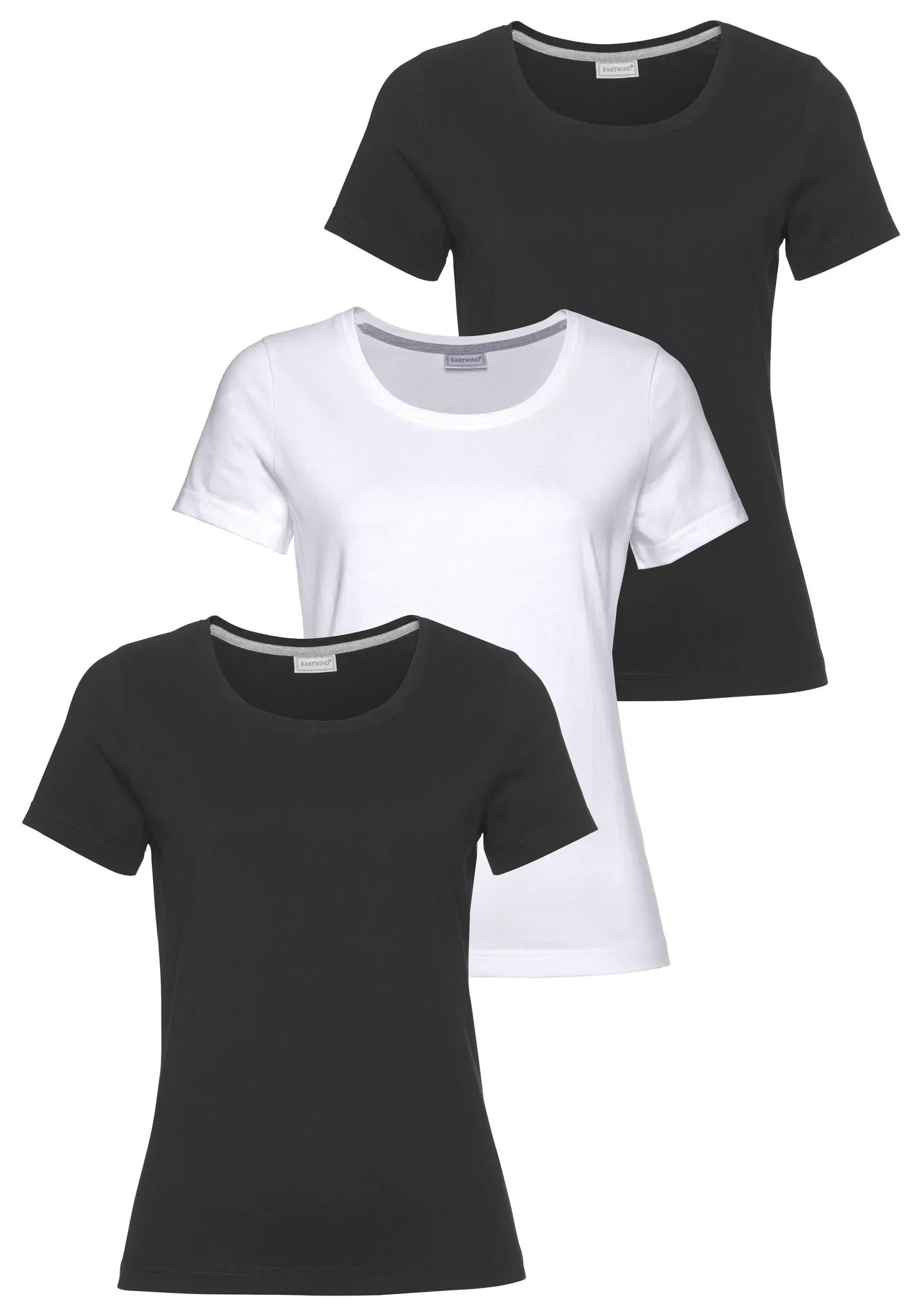 T-Shirt EASTWIND, Damen, Gr. 48/50, schwarz-weiß (schwarz, schwarz, weiß), Single Jersey, Obermaterial: 100% Baumwolle, clean, unifarben, Basic, figurumspielend hüftlang, abgesteppt, Shirts T-Shirt, Kurzarm, hüftlang, für die Freizeit, aus Baumwolle
