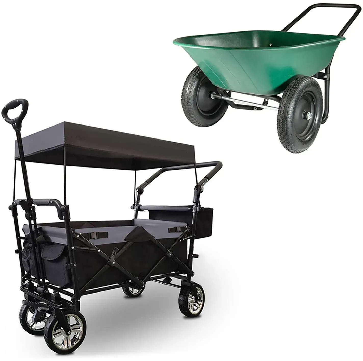 Bollerwagen mit Dach klappbar Transportwagen Gartenwagen faltbar Stahl ME70 schwarz + Garten Schubkarre Divit GS3 Doppelrad Schubkarre