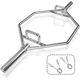 COSTWAY Trap Bar, 142 cm Hantelstange mit 2 Federverschlüsse & klappbarem Griff, Hex Bar 50mm Aufnahme bis 363kg Belastbar, Olympic Bar für Kniebeugen Kreuzheben, Silber