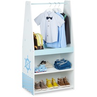 Relaxdays Kleiderständer Kinder, HxBxT: 120 x 60 x 40 cm, Kleiderstange, 3 Fächer, Garderobe Kinderzimmer, blau/weiß