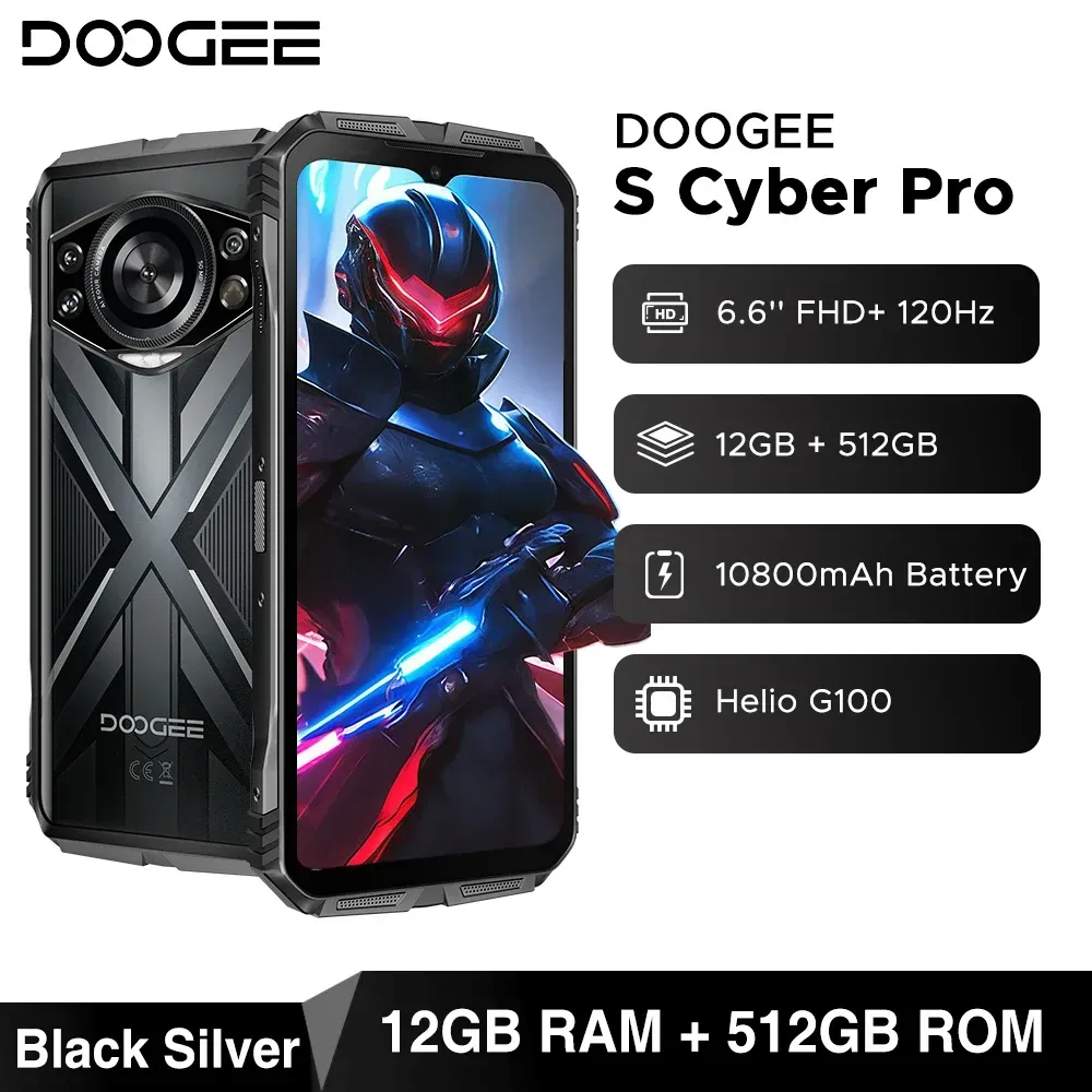 Robustes Doogee S Cyber Pro-Telefon Helio G100 6,6'' FHD+ 120 Hz Ips 12 GB 512 GB 10800 mAh Akku 33 W Ladung NFC-Smartphones NFC