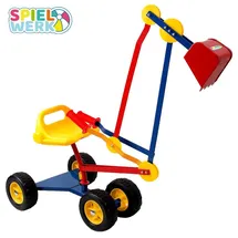DEUBA Spielwerk® Sitzbagger 360° Radius Schwenk- und Greiffunktion bis 50kg Sandkasten Aufsitzbagger Reifen Schaufel Kinder Spielzeug ab 3 Jahren Metall