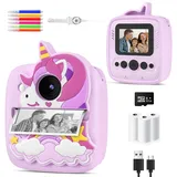 Kinderkamera Sofortbildkamera, 1080P HD 48MP Sofortbildkamera Kinder, Digitalkamera Kinder mit 32GB TF Karte & Einhorn Silikon Schutzhülle, Mädchen & Junge 3-12 Jahren