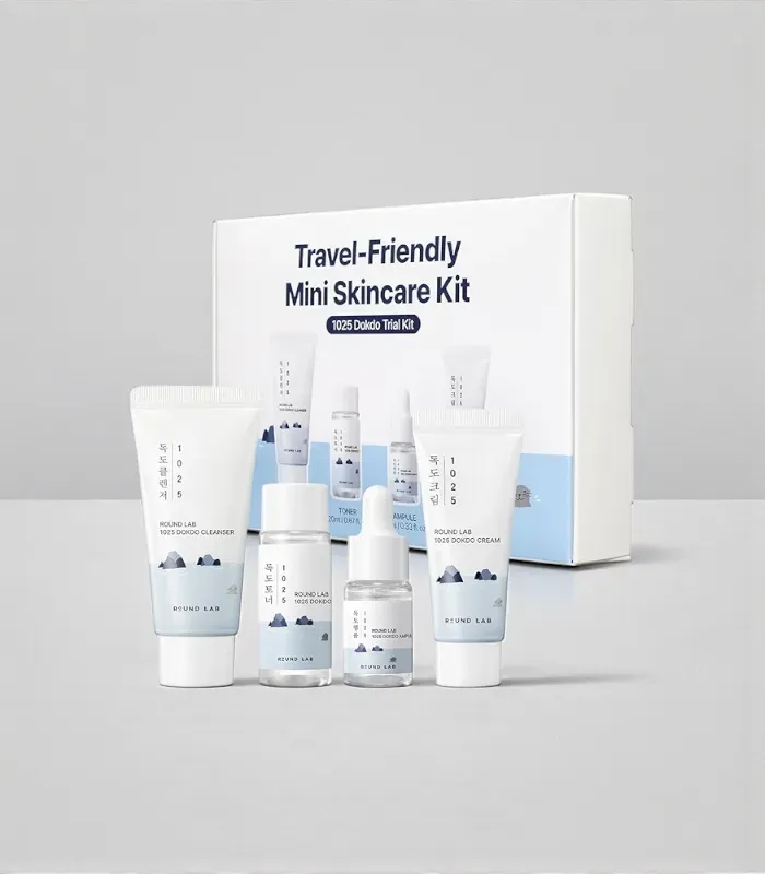 Round Lab 1025 Dokdo Trial Kit -Hautpflege Set - Reinigungsschaum 30 ml + Gesichtswasser 20 ml + Ampulle 10 ml + Creme 20 ml