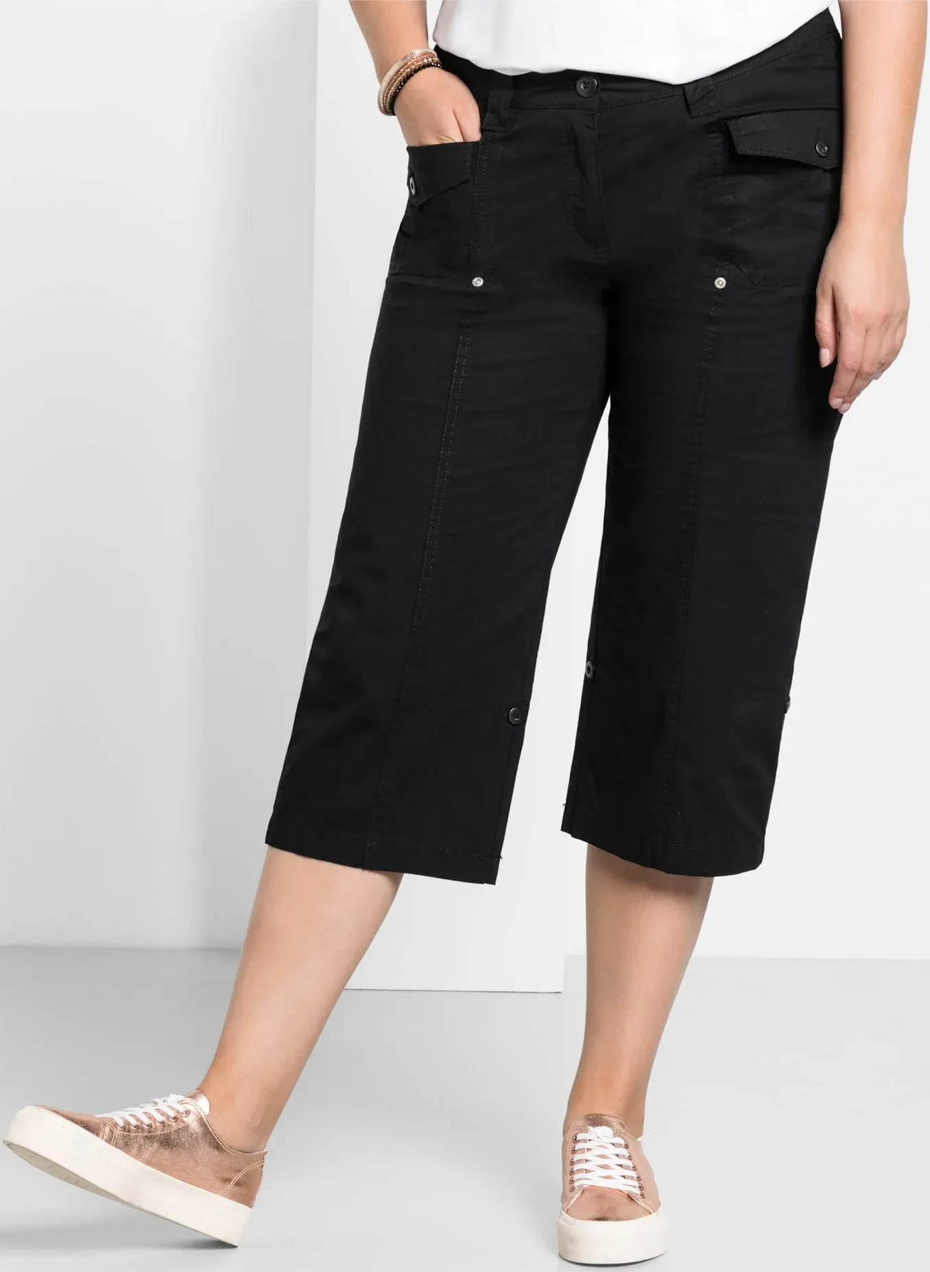 3/4-Hose SHEEGO, Damen, Gr. 54, Normalgrößen, schwarz, 97% Baumwolle, 3% Elasthan, unifarben, Hosen, Topseller