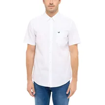 Mustang Kurzarmhemd "Style Gilroy", Herren, Gr. L, N-Gr, weiß (general weiß), Obermaterial: 100% Baumwolle, bestickt, unifarben, regular fit hüftbedeckend, Rundhals, Hemden, mit Brusttasche und Logo-Stickerei