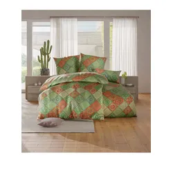 Bettwäsche WÄSCHEPUR Gr. 3, grün (reseda, orange, bedruckt), B/L: 155cm x 220cm, 2-teilige Garnitur St., 2-teilige Garnitur St., Mako-Satin, B/L: 80cm x 80cm, Mako-Satin, 100% Baumwolle, Bettwäsche