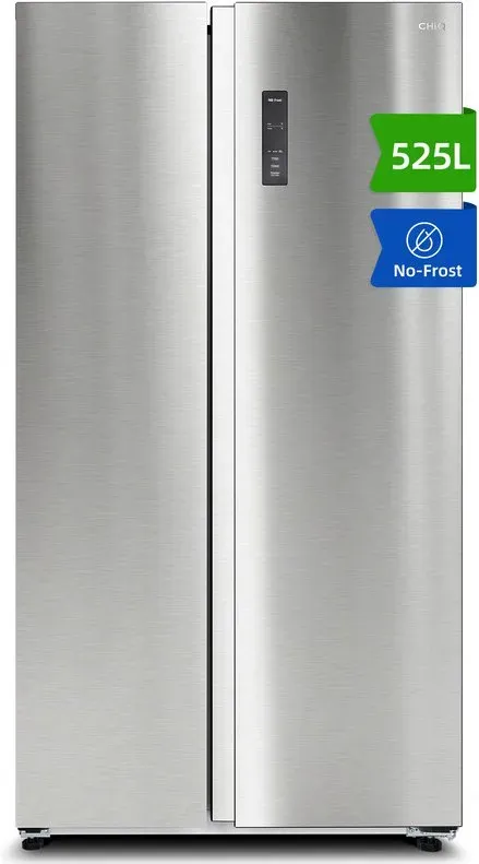 CHiQ JR525WSE 525 L Side-by-Side Kühl-Gefrierkombination, No Frost, Multi-Airflow, 333 L Kühl- und 192 L Gefrierfach, Inverter Kompressor, 37 dB, Edelstahl, Energieklasse E