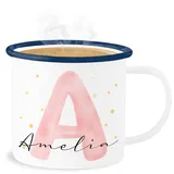 Emaille Becher Blechbecher - Tasse - Individuell gestaltbar mit Initialbuchstabe und Name | Geschenk mit Anfangsbuchstabe und Name frei wählbar - 300 ml - Weiß Blau - anfangsbuchstaben