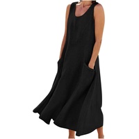 AACH Leinenkleid Damen Sommer Kleid Knielang Freizeitkleid Baumwolle Leinen Strandkleid U-Ausschnitt Sommerkleid Ärmelloses Boho Leinenkleider Einfarbig Strandkleider mit Taschen Kleider - 3XL