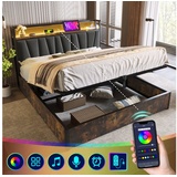 Fangqi Polsterbett LED App-Control Doppelbett mit aufladen USB Ladefunktion Kopfteil, Metallbett 140/160/180x200cm Lattenrost aus Holz, Grau grau