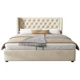 PHOEBE CAT Boxspringbett (Doppelbett Funktionsbett mit Bettkasten und Lattenrost), Polsterbett 140x200 cm Hydraulisches Bett, Samt, Gepolstertes Kopfteil beige 146 cm x 207 cm