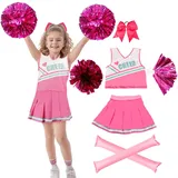 Kitimi Cheerleader Kostüm Kinder Mädchen, Kinderkostüm Cheerleadering Outfit Mädchen Schulkind Uniform Crop Tops mit Rock Pompoms Haargummi Cheer Sticks für Karneval Fasching Party Verkleidung Cosplay