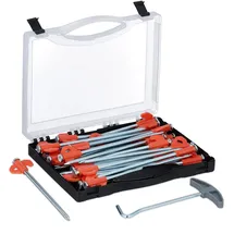 Relaxdays Felsbodenhering, 30er Set, für Harte Böden, 20,5 cm, mit Box & Heringzieher, Stahl, Zeltheringe, Silber/orange