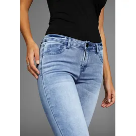 Arizona Bootcut-Jeans "Ultra-Stretch", Damen, Gr. 34, N-Gr, blau (bleached), Denim/Jeans, Obermaterial: 74% Baumwolle, 24% Polyester, 2% Elasthan, Basic, extraeng lang, Jeans, normale Passform, Baby-Bootcut, Used-Look-Waschung