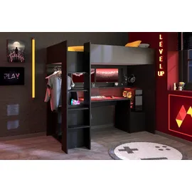 Home Affaire Hochbett "Meddox, TOPSELLER OTTOs Choice, Gamerbett, LED, Schreibtisch", schwarz (schwarz, schwarz, schwarz), B:116cm H:180cm L:204cm, Hochbetten, Kleiderstange, viel Stauraum, ideal für kleine Räume, ALL-IN-ONE Bett