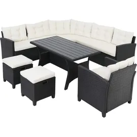 CASARIA Polyrattan Ecklounge Set WPC Esstisch Ecksofa Sessel 2 Hocker inkl. Sitzauflagen Kissen Wetterfest Outdoor Lounge Garten Terrasse Balkon