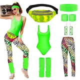 80er Jahre Outfit Damen Accessoires 90er Jahre Workout Kostüm 80er Retro Neon Bademode Kostüm mit Top, Leggings Bauchtasche,Stirnband, Beinwärmer für Karneval Neon Mottoparty (Grün, M) - M